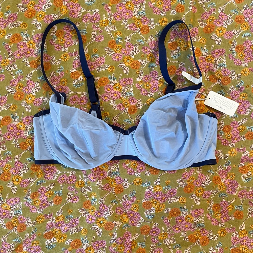 aerie Light Blue Underwire Bra with Navy Trim